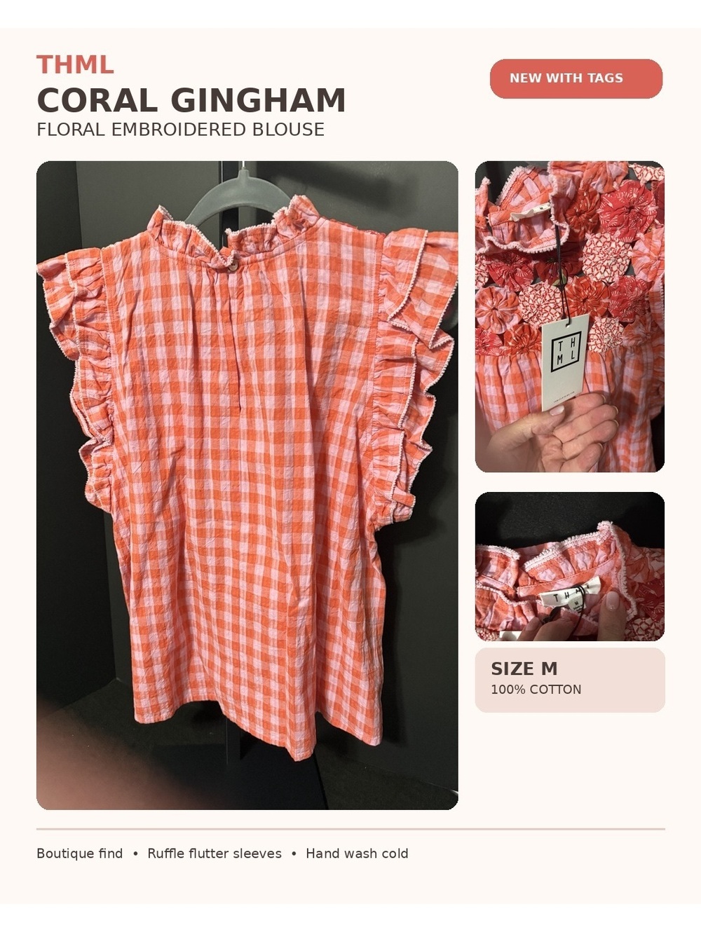 THML Coral Gingham Floral Embroidered Flutter Sleeve Blouse Size M - NWT